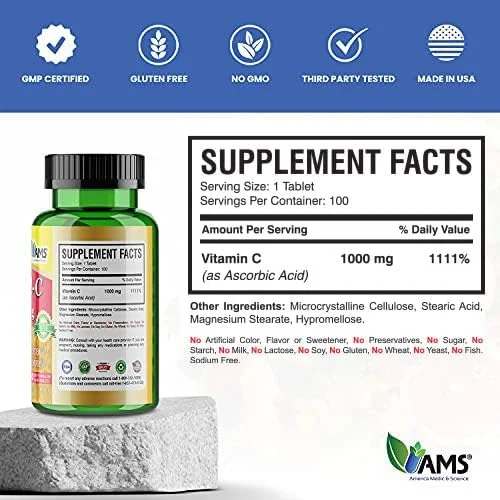 America Medic & Science Rapid-C 1000mg Vitamin C Supplement (1 Pack of 100 Tablets) Energy Booster, Daily Immune System Support, Antioxidant | Vegan, Non-GMO Coated Ascorbic Acid for Adult Men & Women America Medic & Science Rapid-C 1000mg Vitamin C Supplement (1 Pack of 100 Tablets) Energy Booster, Daily Immune System Support, Antioxidant | Vegan, Non-GMO Coated Ascorbic Acid for Adult Men & Women