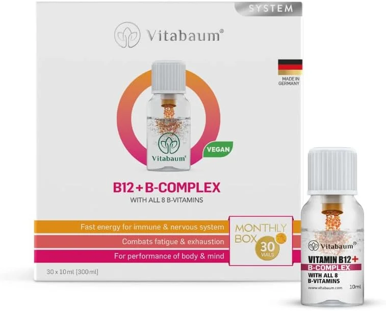 ویتاباوم B12 + کمپلکس B حاوی تمام 8 ویتامین B برای سیستم ایمنی و عصبی، 30 عدد ویال 10 میلی لیتری