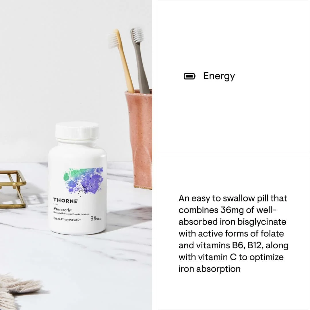 THORNE Ferrasorb - 36 mg Iron with Essential Nutrients - Complete Blood Support Formula - Elemental Iron, Folate, B and C Vitamins for optimal absorption - Gluten-Free - 60 Capsules THORNE Ferrasorb - 36 mg Iron with Essential Nutrients - Complete Blood Support Formula - Elemental Iron, Folate, B and C Vitamins for optimal absorption - Gluten-Free - 60 Capsules