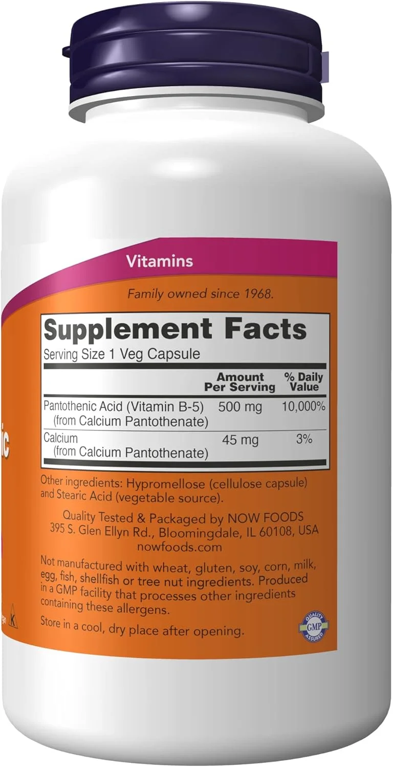 NOW Supplements، پانتوتنیک اسید (ویتامین B-5) 500 میلی گرم، ویتامین B-Complex، 250 کپسول NOW Supplements، پانتوتنیک اسید (ویتامین B-5) 500 میلی گرم، ویتامین B-Complex، 250 کپسول