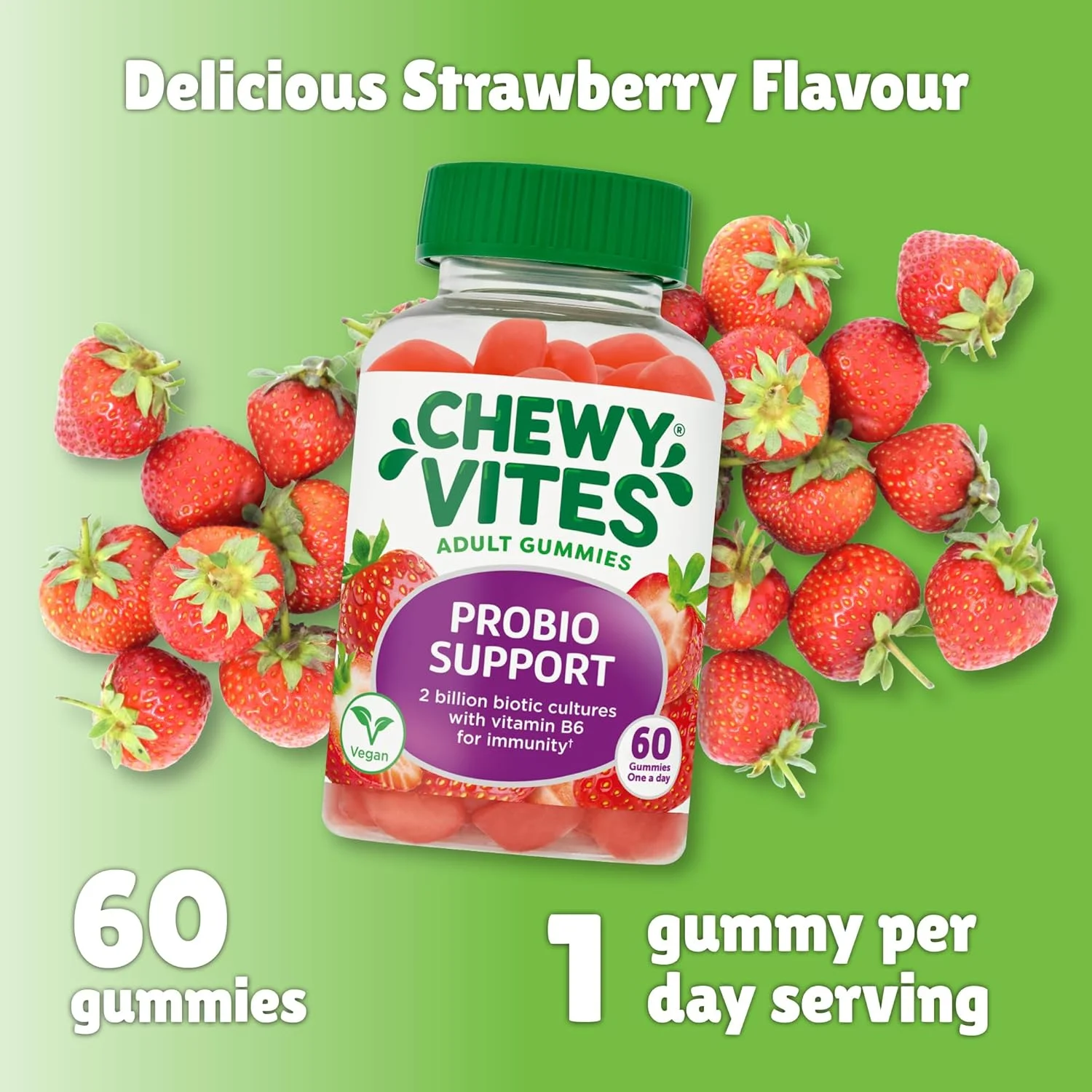 پاستیل جویدنی پروبیوتیک مخصوص بزرگسالان Chewy Vites حاوی 60 عدد | 2 میلیارد کشت بیوتیک | ویتامین های B3، B5 و B6 برای ایمنی | تامین 2 ماهه | طعم لذیذ | وگان | آب میوه واقعی | طعم توت قرمز پاستیل جویدنی پروبیوتیک مخصوص بزرگسالان Chewy Vites حاوی 60 عدد | 2 میلیارد کشت بیوتیک | ویتامین های B3، B5 و B6 برای ایمنی | تامین 2 ماهه | طعم لذیذ | وگان | آب میوه واقعی | طعم توت قرمز