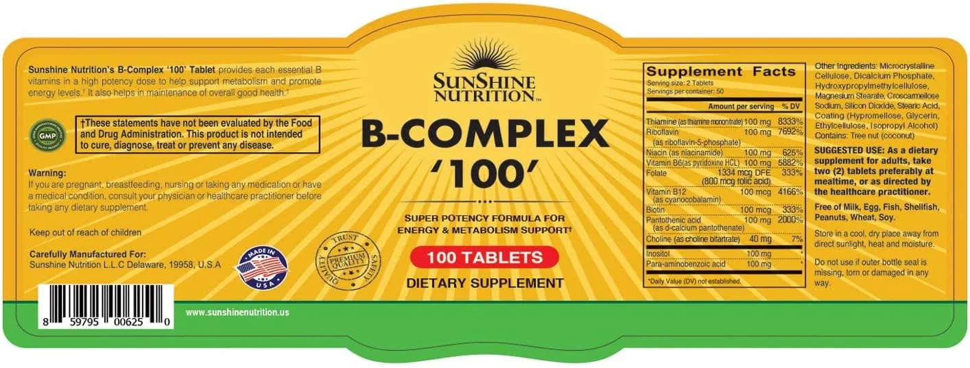 سان شاین نوتریشن قرص های ب-کمپلکس 100 عددی | فرمول برای پشتیبانی از انرژی و متابولیسم سان شاین نوتریشن قرص های ب-کمپلکس 100 عددی | فرمول برای پشتیبانی از انرژی و متابولیسم