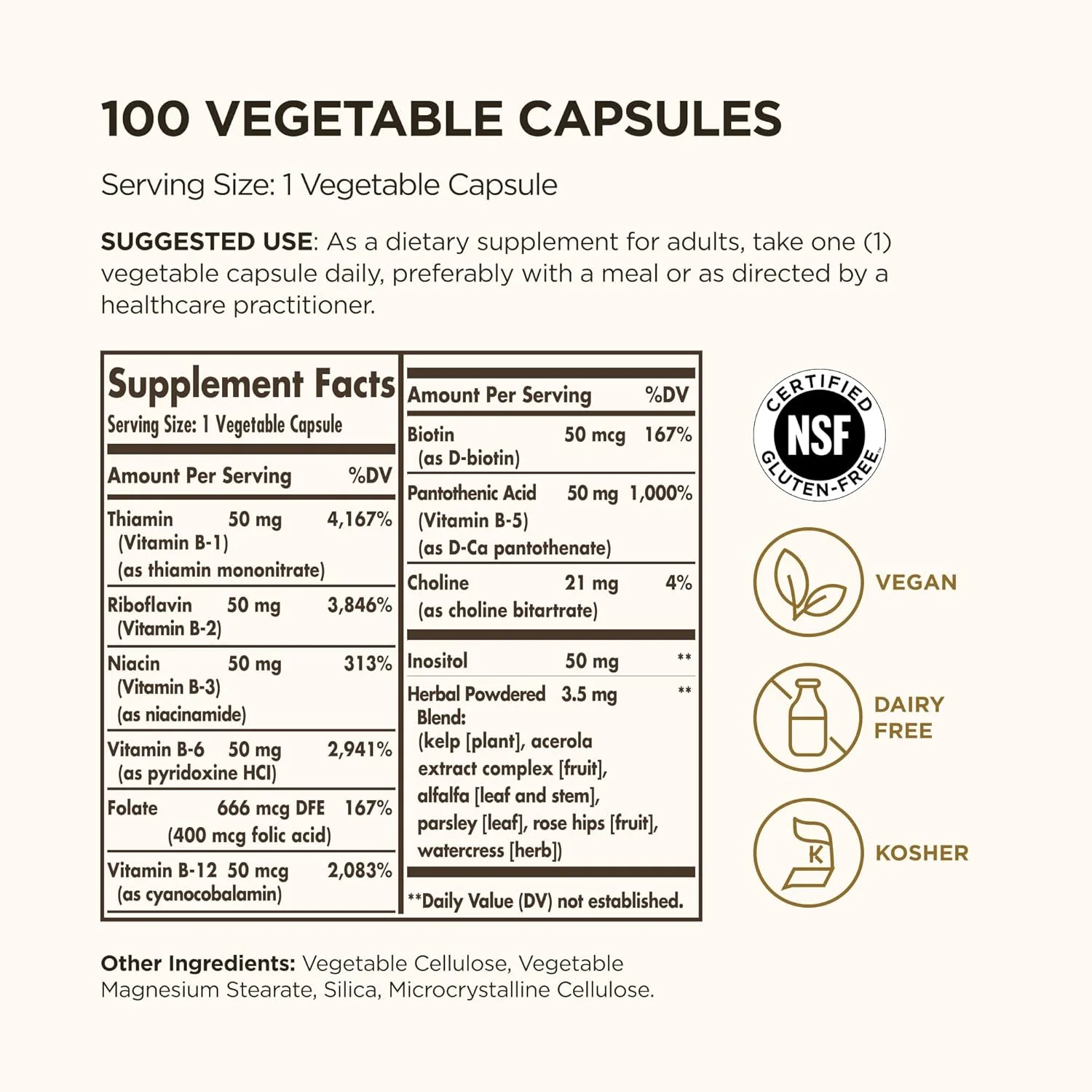 سولگار ویتامین ب-کمپلکس "50" | قدرت بالا | 100 کپسول گیاهی | پشتیبانی از متابولیسم انرژی و سلامت سیستم ایمنی | غیر تراریخته، وگان، فاقد گلوتن، گندم و لبنیات