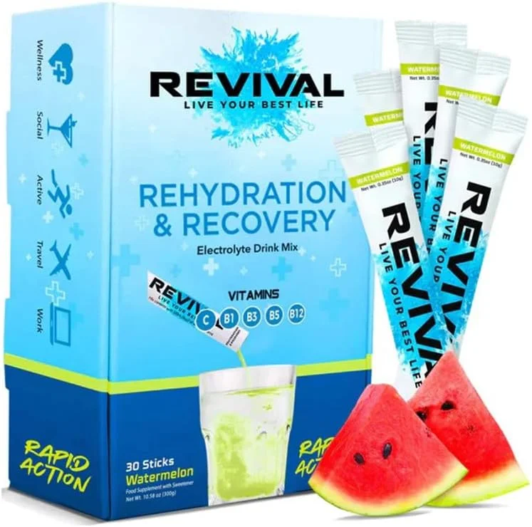 Revival Shots Rapid Rehydration Electrolytes Powder - High Strength Vitamin C, B1, B3, B5, B12 Supplement Sachet Drink, Effervescent Electrolyte Hydration (Watermelon, 30 Count (Pack of 1))