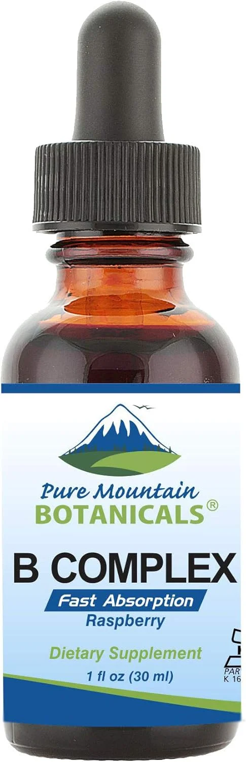 مایع کمپلکس ویتامین B از Pure Mountain Botanicals - طعم تمشک، ویتامین کمپلکس B کوشر با B12، B6، تیامین، بیوتین، نیاسین - بطری 1 اونسی