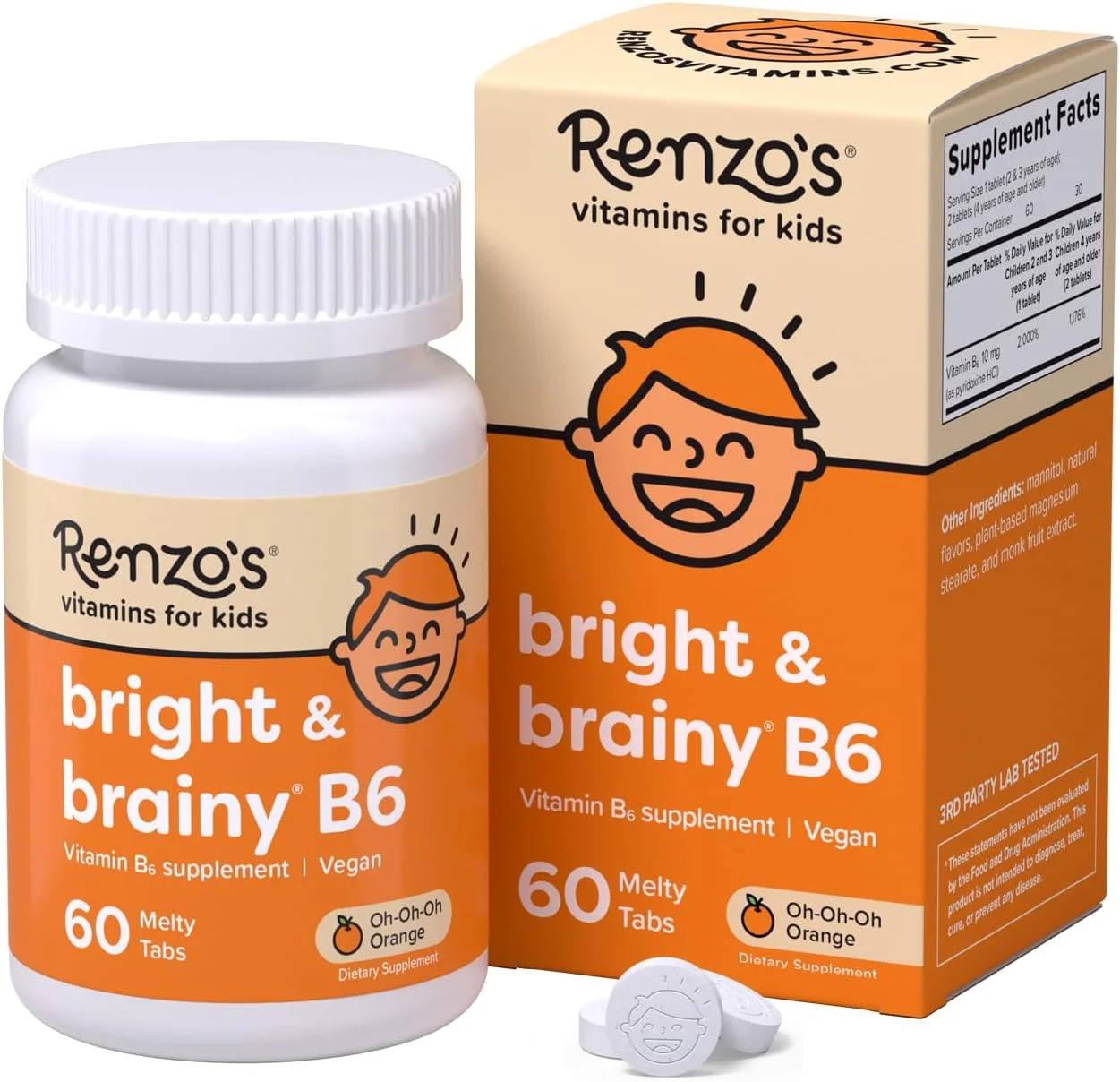 ویتامین ب۶ روشن و باهوش رنزو - ویتامین های گیاهی برای کودکان، ویتامین های ب۶ حل شدنی و آسان برای مصرف کودکان، بدون شکر، طعم پرتقال اوه-اوه-اوه، [۶۰ قرص ذوب شدنی]