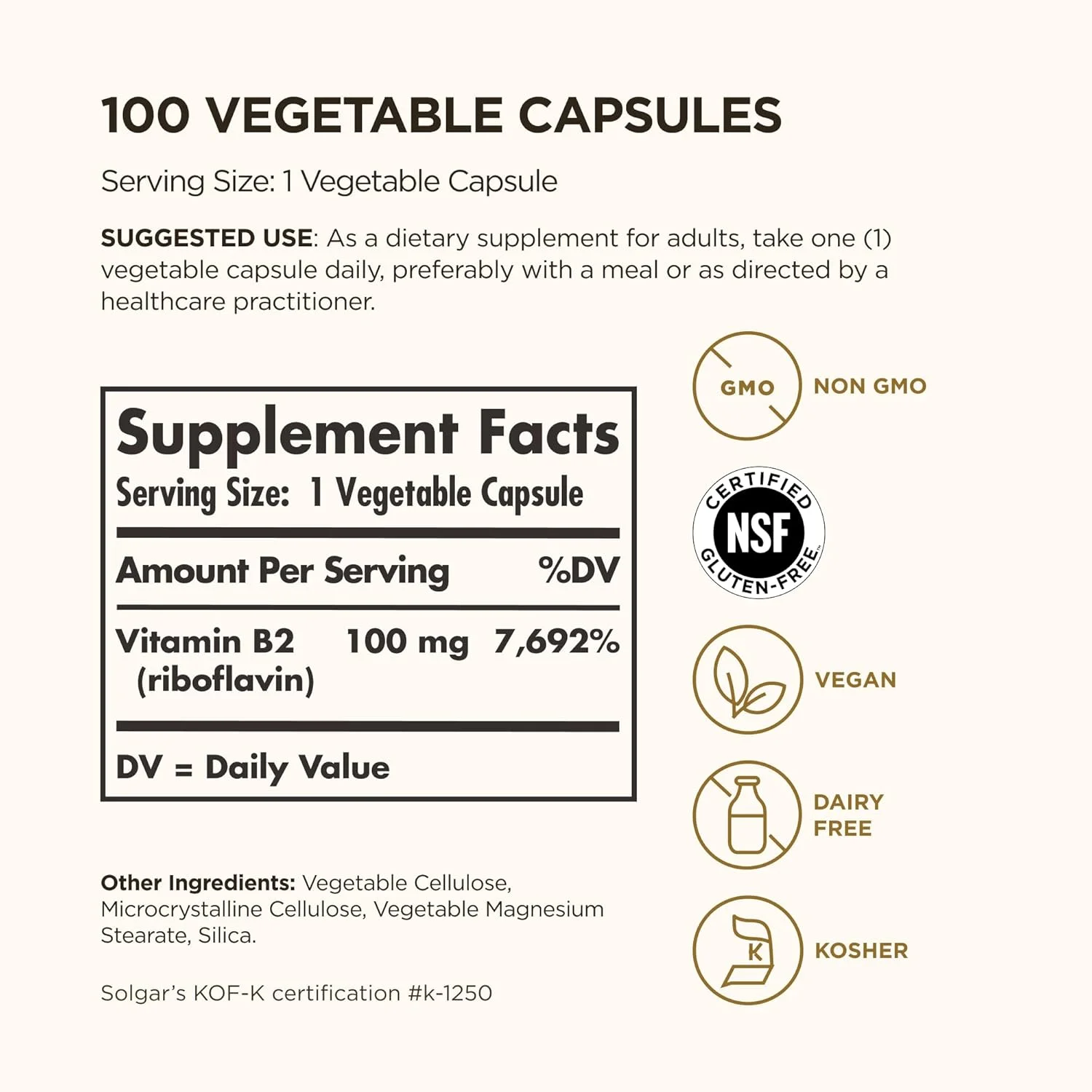 سولگار ویتامین ب۲ (ریبوفلاوین) ۱۰۰ میلی گرم | ۱۰۰ کپسول گیاهی | پشتیبانی از متابولیسم انرژی و سیستم عصبی سالم | وگان، بدون شکر، بدون نشاسته
