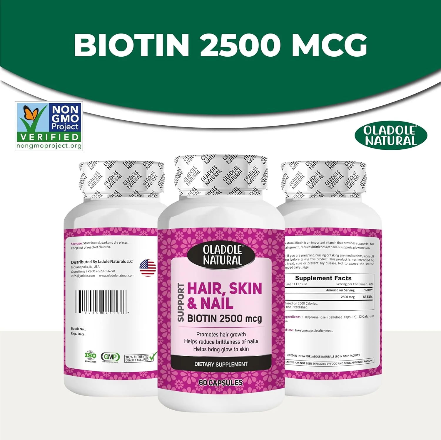 اولادول بیوتین طبیعی 2500 میکروگرم - 60 کپسول | ترکیب ویتامین B با قدرت بالا برای موهای قوی تر، پوست درخشان، ناخن های بلند، پشتیبانی از انرژی و زیبایی | بدون گلوتن، غیر GMO