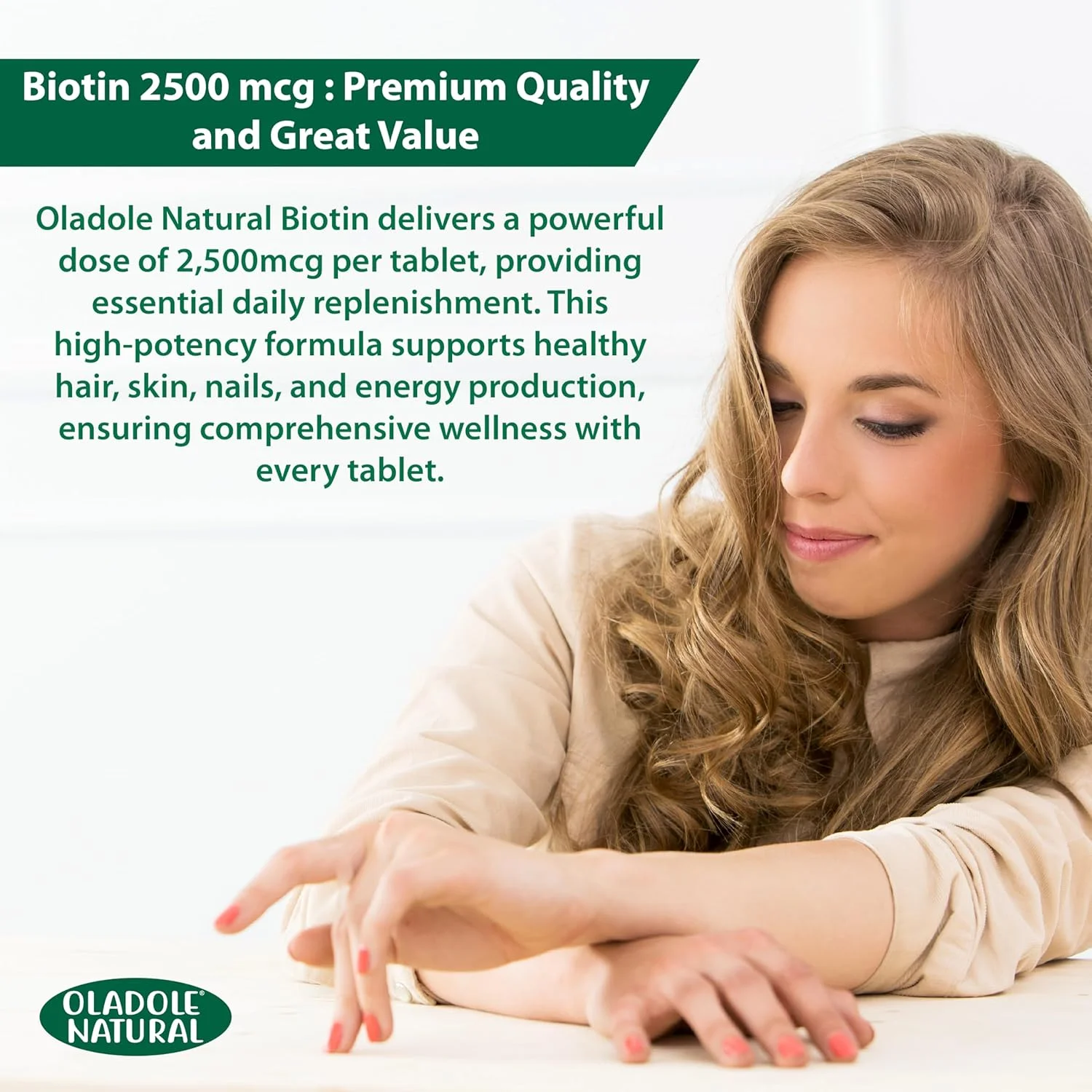 اولادول بیوتین طبیعی 2500 میکروگرم - 60 کپسول | ترکیب ویتامین B با قدرت بالا برای موهای قوی تر، پوست درخشان، ناخن های بلند، پشتیبانی از انرژی و زیبایی | بدون گلوتن، غیر GMO