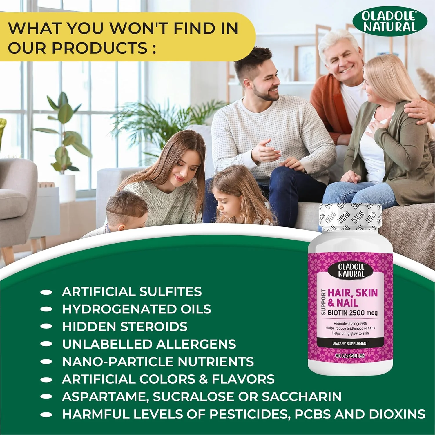 اولادول بیوتین طبیعی 2500 میکروگرم - 60 کپسول | ترکیب ویتامین B با قدرت بالا برای موهای قوی تر، پوست درخشان، ناخن های بلند، پشتیبانی از انرژی و زیبایی | بدون گلوتن، غیر GMO