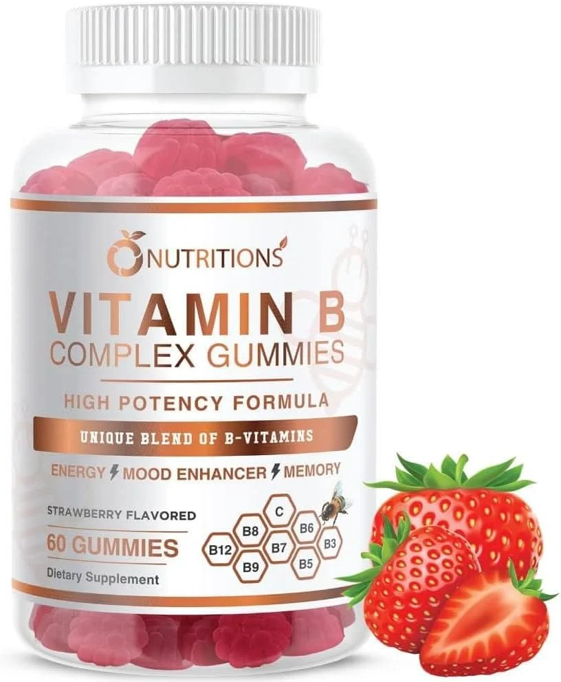 پاستیل های کمپلکس ویتامین B وگان O NUTRITIONS حاوی ویتامین B12، B7 به عنوان بیوتین، B6، B3 به عنوان نیاسین، B5، B6، B8، B9 به عنوان فولات برای استرس، انرژی و سیستم ایمنی سالم (1 بسته)