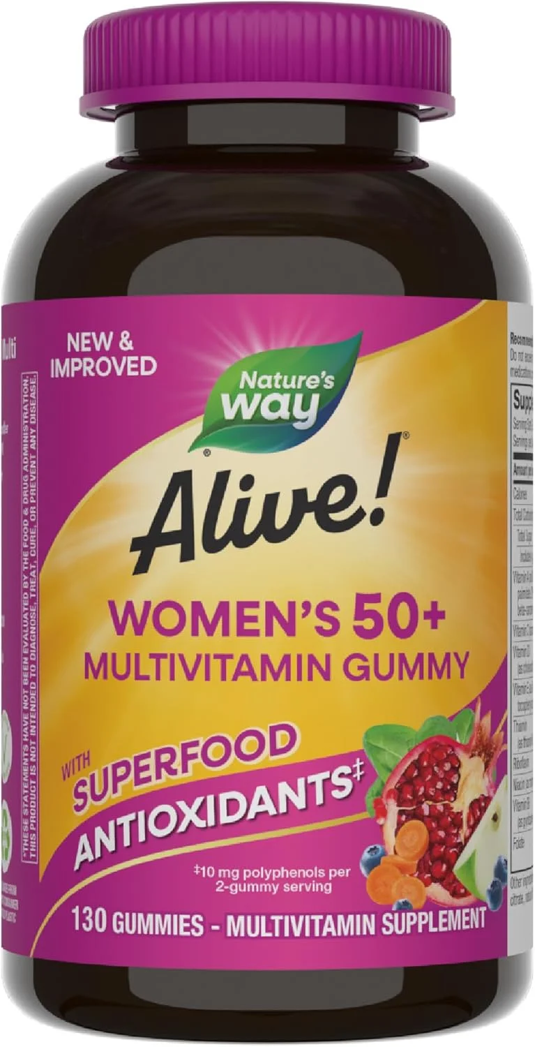 مولتی ویتامین های پاستیلی مخصوص بانوان بالای 50 سال Nature's Way Alive!، پشتیبانی از سیستم های متعدد بدن، پشتیبانی از انرژی سلولی، ویتامین های B، بدون گلوتن، گیاهی، با طعم توت مخلوط، 130 عدد پاستیل