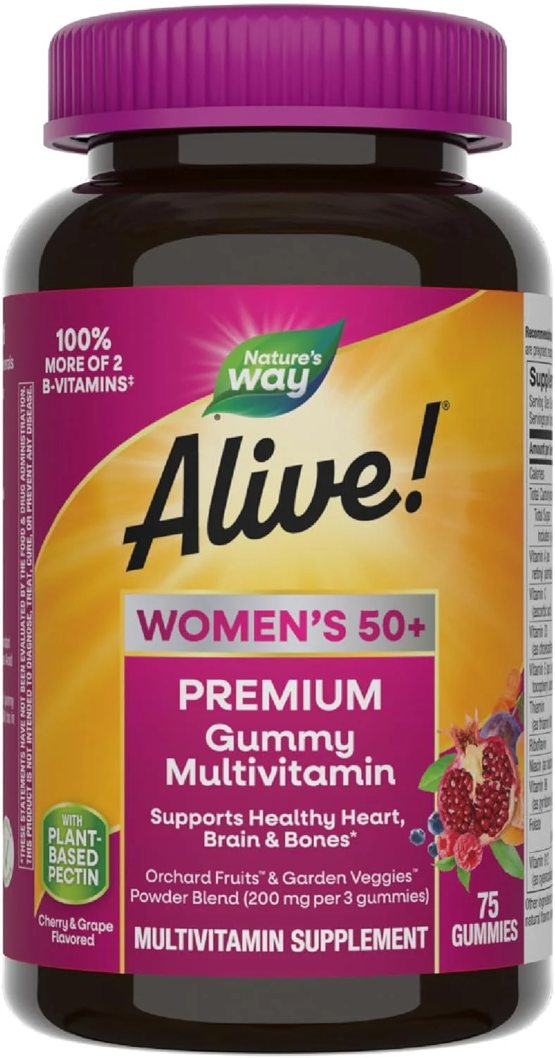 مولتی ویتامین های پاستیلی ممتاز زنان بالای 50 سال Nature’s Way Alive!، پشتیبانی از سیستم های متعدد بدن، ویتامین های B، بدون گلوتن، گیاهی، پاستیل با طعم انگور و گیلاس، 75 عدد