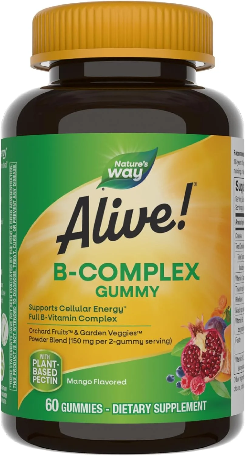 پاستیل ب-کمپلکس Alive Nature's Way، 60 عدد | پشتیبانی از انرژی سلولی | مخلوط میوه های باغ و سبزیجات | با طعم انبه | پکتین گیاهی | 150 میلی گرم در هر 2 پاستیل مکمل غذایی
