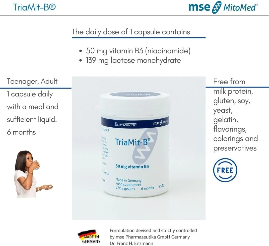 mse Pharmazeutika GmbH TriaMit-B® نیاسینامید ویتامین B3 50 میلی گرم - 180 کپسول برای 5 ماه - مکمل غذایی - بدون گرگرفتگی و قرمزی - برای سلامت پوست، افزایش انرژی و پشتیبانی از متابولیسم - ساخت آلمان mse Pharmazeutika GmbH TriaMit-B® نیاسینامید ویتامین B3 50 میلی گرم - 180 کپسول برای 5 ماه - مکمل غذایی - بدون گرگرفتگی و قرمزی - برای سلامت پوست، افزایش انرژی و پشتیبانی از متابولیسم - ساخت آلمان