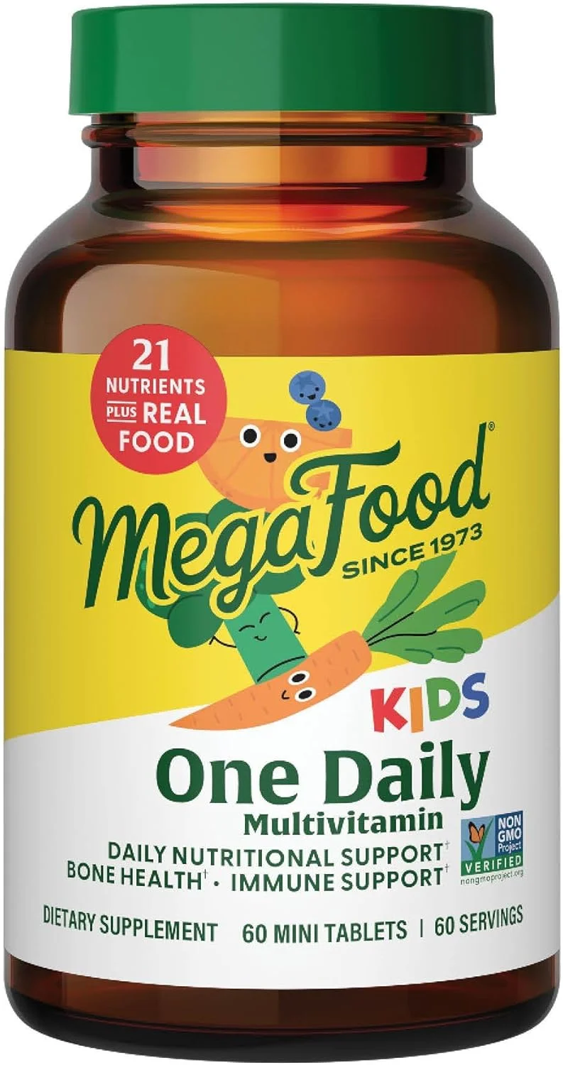 MegaFood Kids One Daily - ویتامین های کودکان - حاوی ویتامین B، ویتامین C، ویتامین D و زینک - مکمل سلامت استخوان و تقویت سیستم ایمنی - غیر GMO، گیاهی، ساخته شده بدون 9 ماده حساسیت زا غذایی - 60 مینی قرص - تامین 2 ماهه