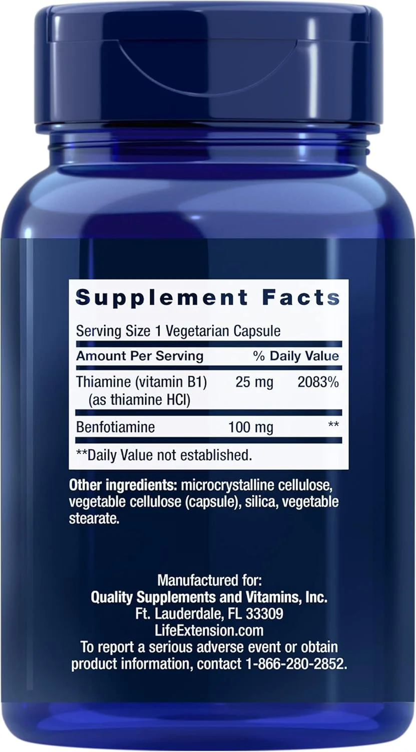 لایف اکستنشن بنفوتیامین با تیامین، 100 میلی گرم - مکمل ویتامین B1 محلول در آب و چربی برای پشتیبانی از سطح قند خون و سلامت عصبی - بدون گلوتن، غیر GMO، گیاهی - 120 کپسول
