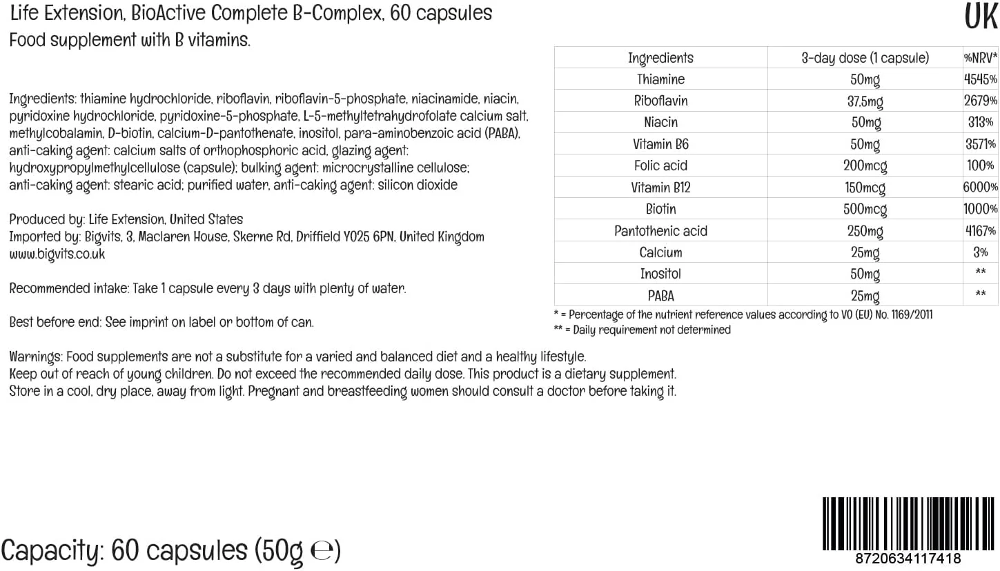 لایف اکستنشن، کمپلکس کامل ویتامین B بیواکتیو، 60 کپسول گیاهی، تست شده در آزمایشگاه، گیاهخواری، بدون گلوتن، بدون سویا، غیر تراریخته