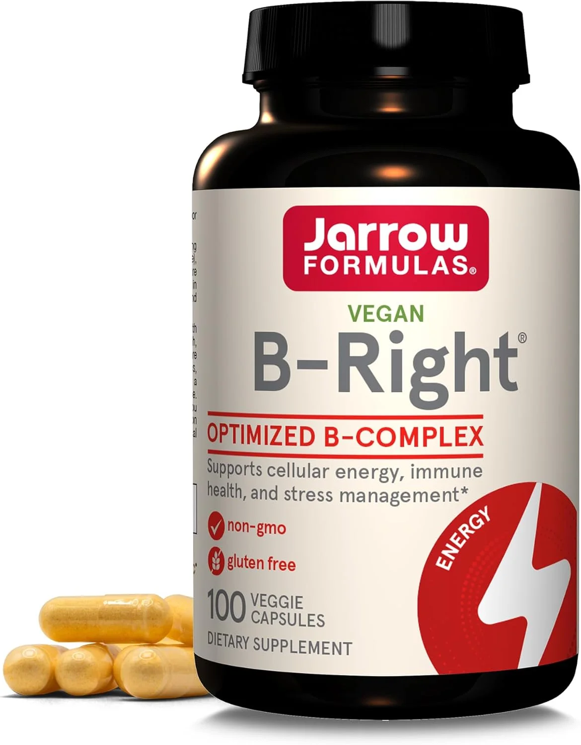 Jarrow Formulas B Right 100 Veggie Caps Low Odor Vitamin B Complex Formula Energy & Metabolism Support Promotes Brain, Heart & Cardiovascular Health 100 Servings, White, 100 Count (Pack of 1)