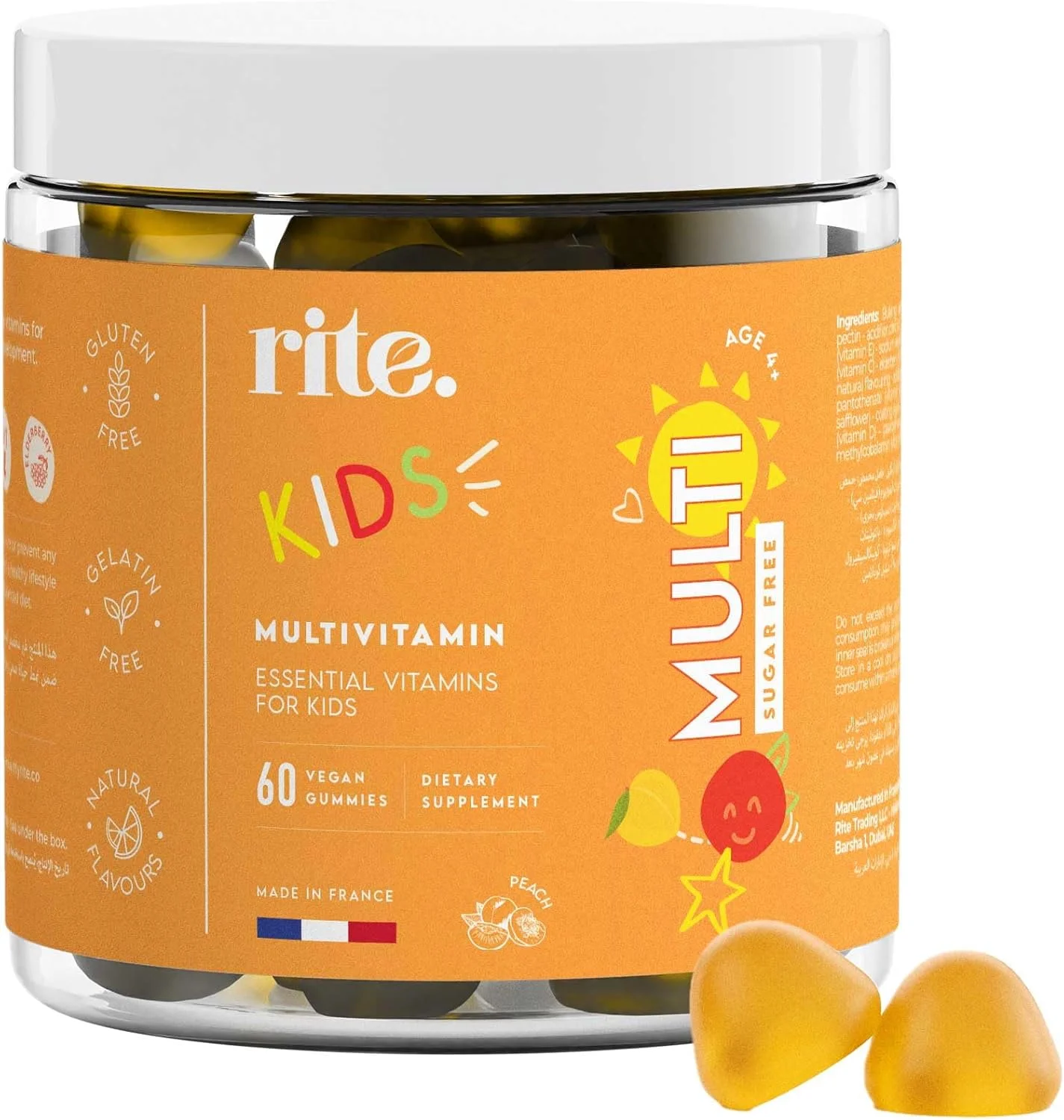 KIDS Sugar-free Vitamin Gummies | High dose of Multivitamins: B-Vitamins C and D, Elderberry extract | Supports child’s growth & immunity | Suitable for Kids (age 4+) | 60 Vegan Gummies | Peach flavor