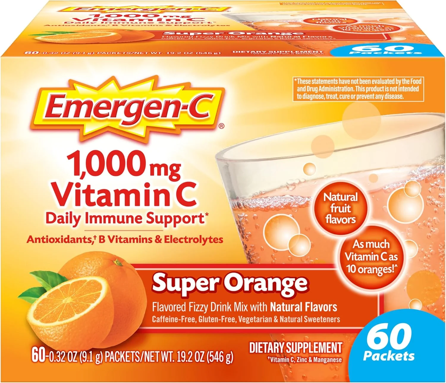 پودر ویتامین C 1000 میلی گرمی Emergen-C برای حمایت روزانه از سیستم ایمنی، مکمل های ویتامین C بدون کافئین با روی و منگنز، ویتامین های B و الکترولیت ها، طعم پرتقال فوق العاده - 60 عدد/2 ماه
