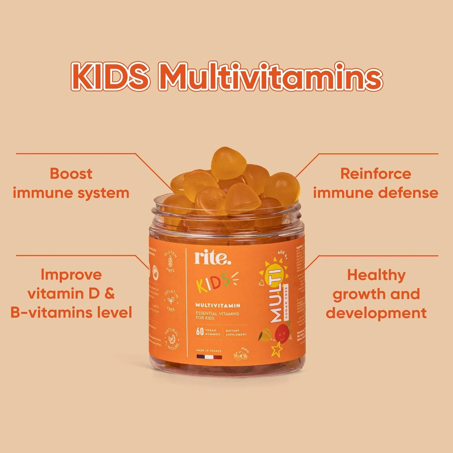 KIDS Sugar-free Vitamin Gummies | High dose of Multivitamins: B-Vitamins C and D, Elderberry extract | Supports child’s growth & immunity | Suitable for Kids (age 4+) | 60 Vegan Gummies | Peach flavor KIDS Sugar-free Vitamin Gummies | High dose of Multivitamins: B-Vitamins C and D, Elderberry extract | Supports child’s growth & immunity | Suitable for Kids (age 4+) | 60 Vegan Gummies | Peach flavor