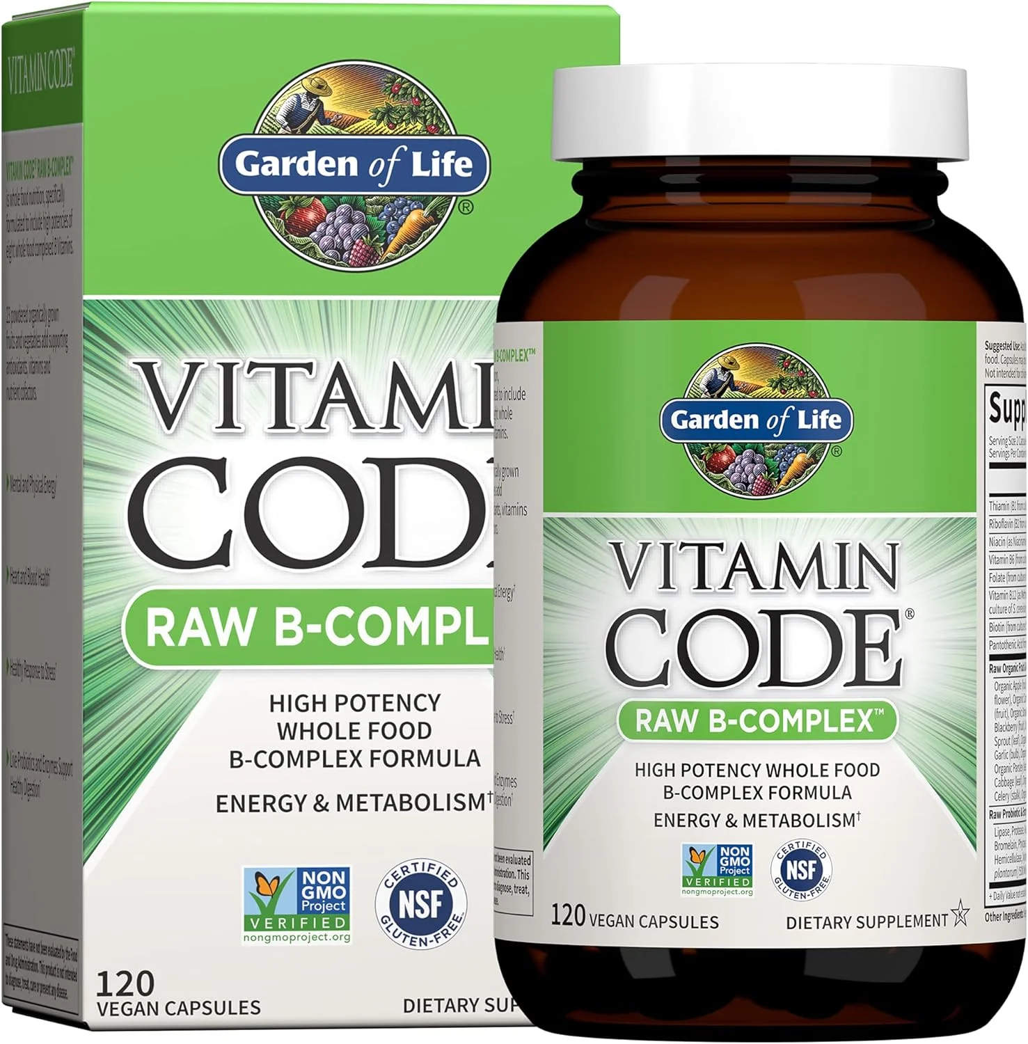 گاردن آف لایف Raw B Complex - Vitamin Code - 120 کپسول وگان، ویتامین های با قدرت بالا برای انرژی و متابولیسم با ریبوفلاوین B2، B1، B3، B6، فولات، B12 به عنوان متیل کوبالامین و بیوتین به همراه پروبیوتیک ها