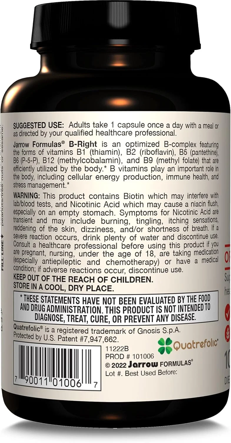 Jarrow Formulas B Right 100 Veggie Caps Low Odor Vitamin B Complex Formula Energy & Metabolism Support Promotes Brain, Heart & Cardiovascular Health 100 Servings, White, 100 Count (Pack of 1) Jarrow Formulas B Right 100 Veggie Caps Low Odor Vitamin B Complex Formula Energy & Metabolism Support Promotes Brain, Heart & Cardiovascular Health 100 Servings, White, 100 Count (Pack of 1)