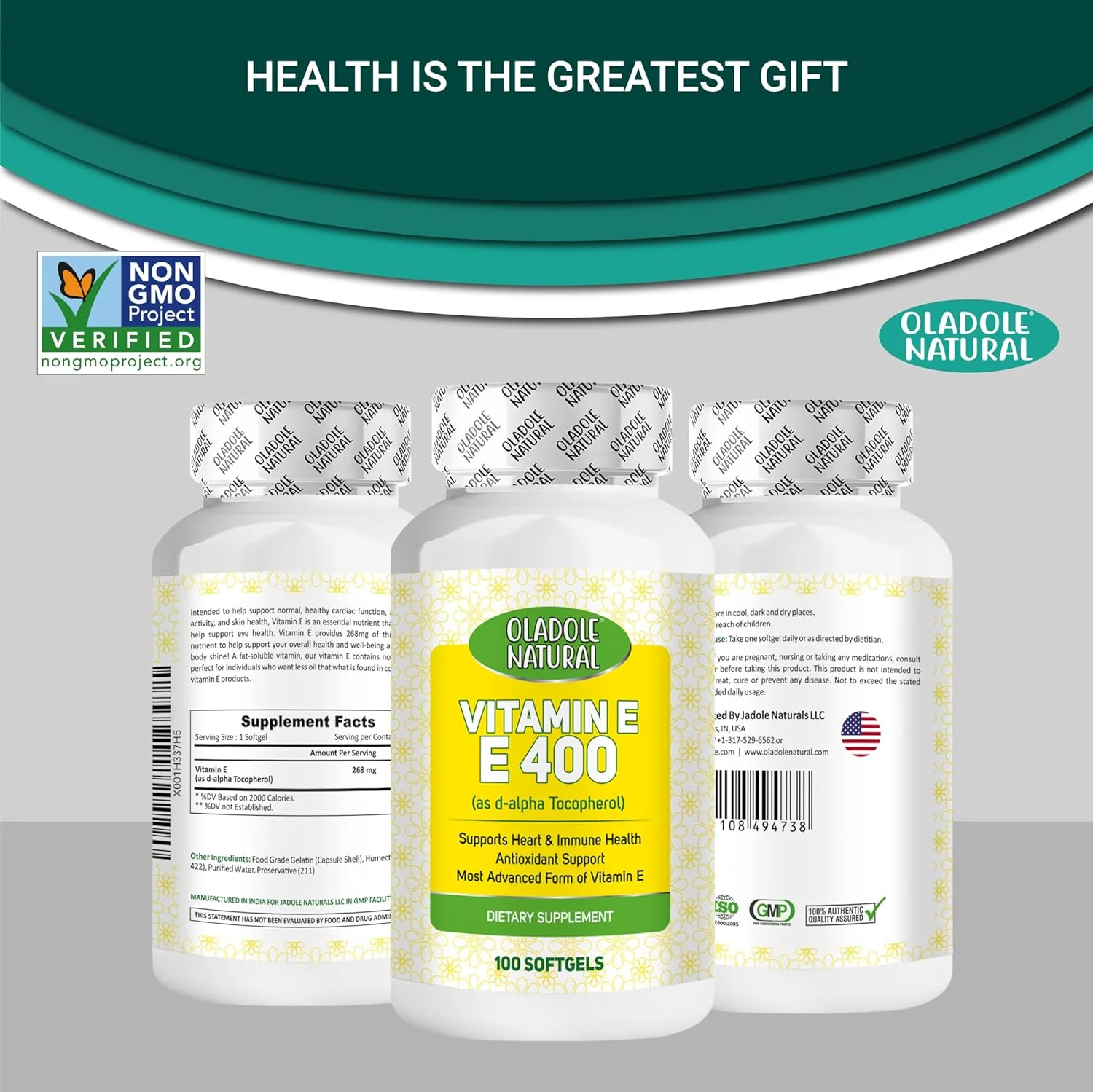 اولادول ویتامین ای طبیعی 400 واحد بین المللی دی-آلفا توکوفرول - 100 سافت ژل | پشتیبانی آنتی اکسیدانی برای پوست، مو و سلامت سیستم ایمنی | مکمل غذایی ضروری با قدرت بالا برای سلامتی کلی