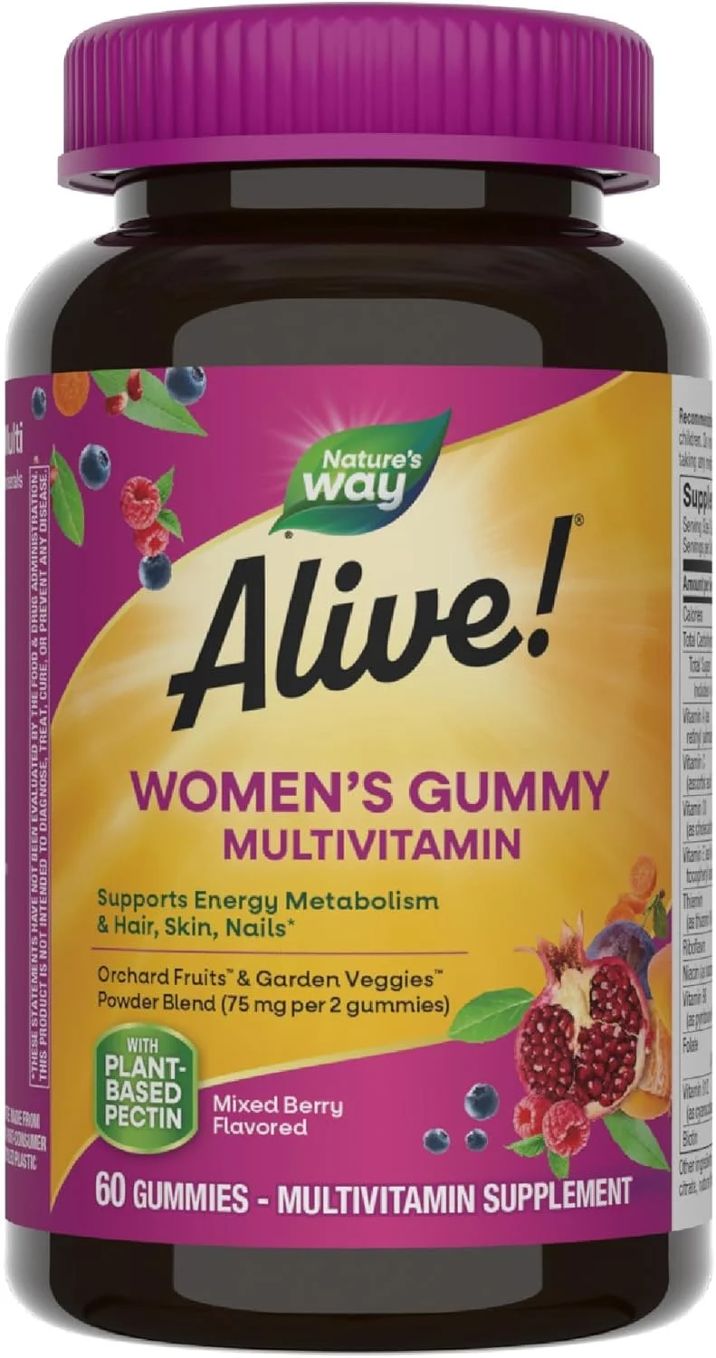 مولتی ویتامین بانوان Nature's Way Alive، 60 پاستیل | متابولیسم انرژی و مو، پوست، ناخن | مخلوط میوه های باغ و سبزیجات باغچه - طعم توت مخلوط | 75 میلی گرم در هر وعده 2 پاستیلی مکمل غذایی مولتی ویتامین بانوان Nature's Way Alive، 60 پاستیل | متابولیسم انرژی و مو، پوست، ناخن | مخلوط میوه های باغ و سبزیجات باغچه - طعم توت مخلوط | 75 میلی گرم در هر وعده 2 پاستیلی مکمل غذایی