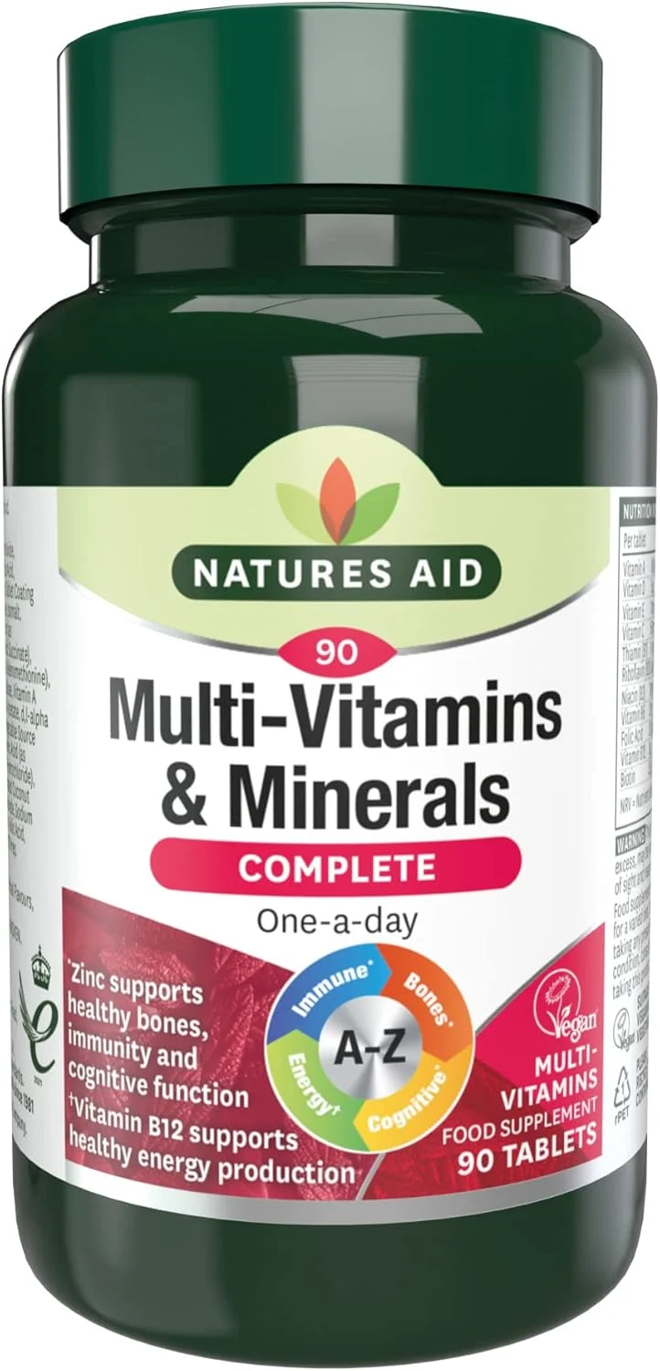 مولتی ویتامین و مواد معدنی کامل Natures Aid | 90 قرص | A-Z یک بار در روز | روی از عملکرد شناختی، استخوان های سالم، ایمنی و ویتامین B12 از تولید انرژی سالم پشتیبانی می کند مولتی ویتامین و مواد معدنی کامل Natures Aid | 90 قرص | A-Z یک بار در روز | روی از عملکرد شناختی، استخوان های سالم، ایمنی و ویتامین B12 از تولید انرژی سالم پشتیبانی می کند