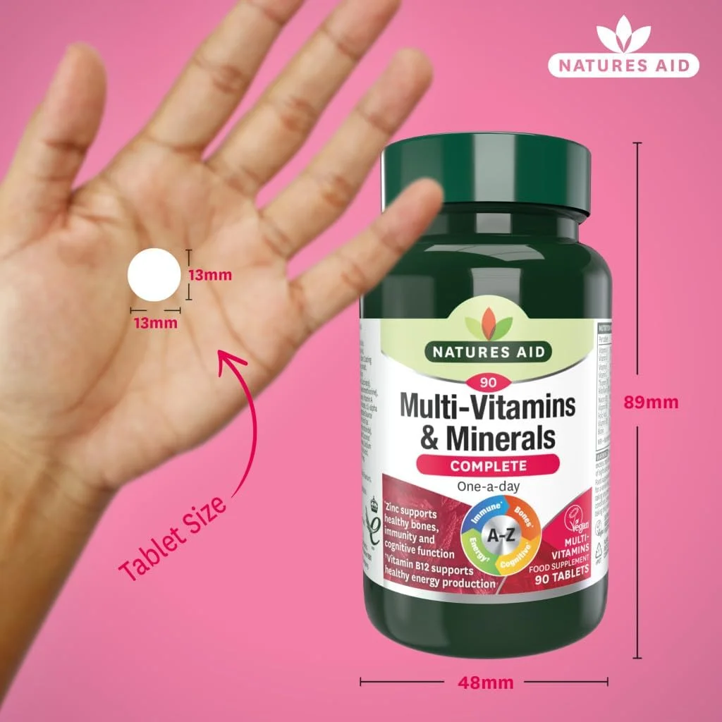مولتی ویتامین و مواد معدنی کامل Natures Aid | 90 قرص | A-Z یک بار در روز | روی از عملکرد شناختی، استخوان های سالم، ایمنی و ویتامین B12 از تولید انرژی سالم پشتیبانی می کند مولتی ویتامین و مواد معدنی کامل Natures Aid | 90 قرص | A-Z یک بار در روز | روی از عملکرد شناختی، استخوان های سالم، ایمنی و ویتامین B12 از تولید انرژی سالم پشتیبانی می کند