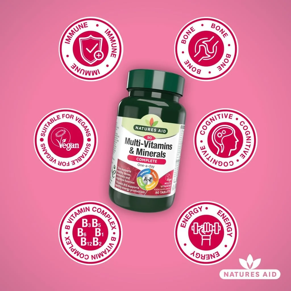 مولتی ویتامین و مواد معدنی کامل Natures Aid | 90 قرص | A-Z یک بار در روز | روی از عملکرد شناختی، استخوان های سالم، ایمنی و ویتامین B12 از تولید انرژی سالم پشتیبانی می کند مولتی ویتامین و مواد معدنی کامل Natures Aid | 90 قرص | A-Z یک بار در روز | روی از عملکرد شناختی، استخوان های سالم، ایمنی و ویتامین B12 از تولید انرژی سالم پشتیبانی می کند