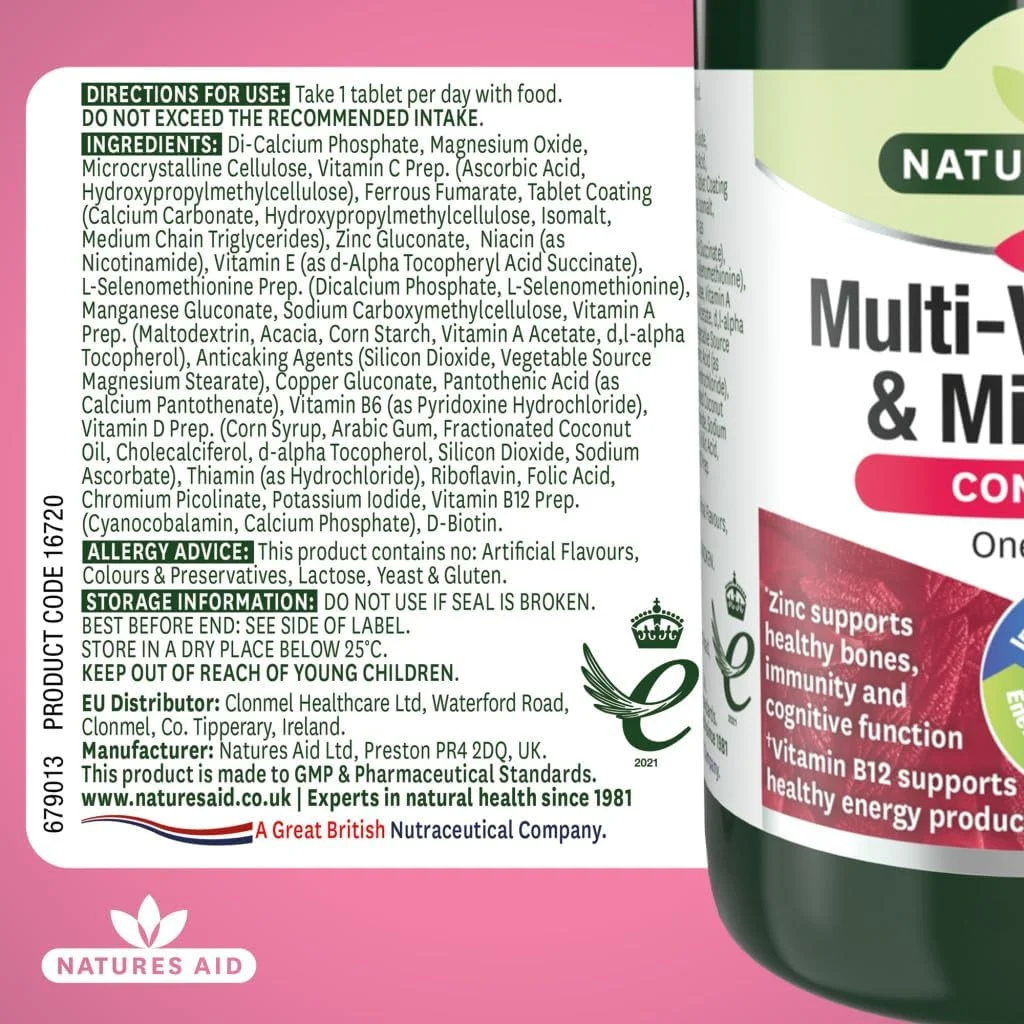 مولتی ویتامین و مواد معدنی کامل Natures Aid | 90 قرص | A-Z یک بار در روز | روی از عملکرد شناختی، استخوان های سالم، ایمنی و ویتامین B12 از تولید انرژی سالم پشتیبانی می کند مولتی ویتامین و مواد معدنی کامل Natures Aid | 90 قرص | A-Z یک بار در روز | روی از عملکرد شناختی، استخوان های سالم، ایمنی و ویتامین B12 از تولید انرژی سالم پشتیبانی می کند