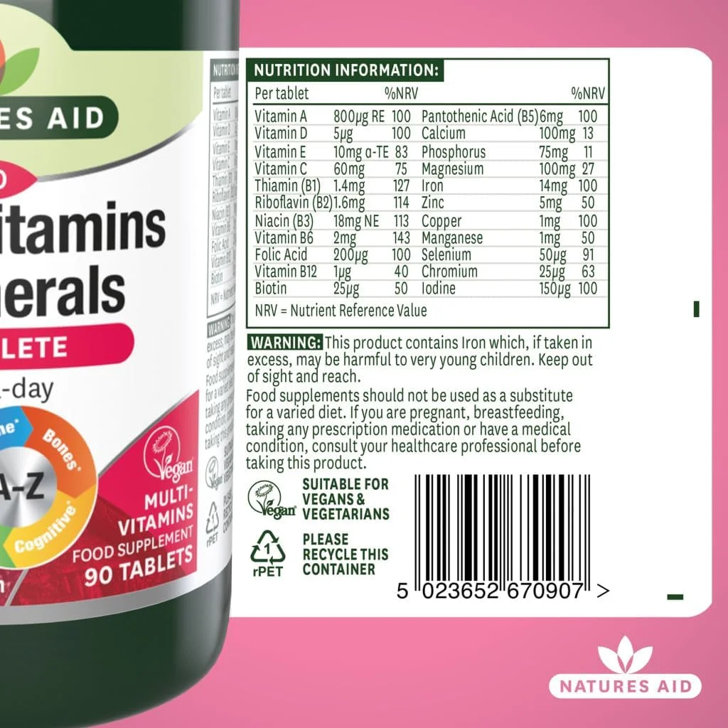 مولتی ویتامین و مواد معدنی کامل Natures Aid | 90 قرص | A-Z یک بار در روز | روی از عملکرد شناختی، استخوان های سالم، ایمنی و ویتامین B12 از تولید انرژی سالم پشتیبانی می کند مولتی ویتامین و مواد معدنی کامل Natures Aid | 90 قرص | A-Z یک بار در روز | روی از عملکرد شناختی، استخوان های سالم، ایمنی و ویتامین B12 از تولید انرژی سالم پشتیبانی می کند