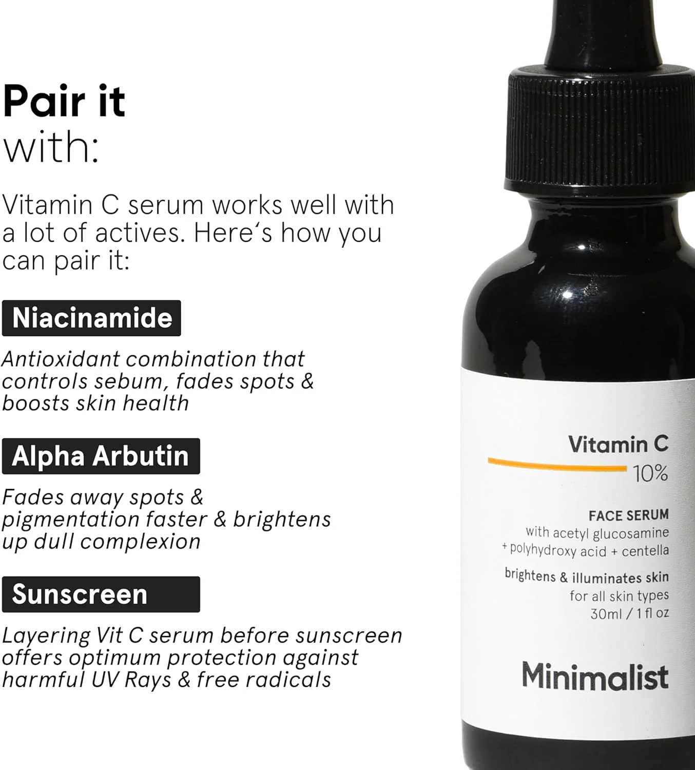 سرم صورت ویتامین سی 10% مینیمالیست برای روشن شدن پوست | سرم صورت بسیار پایدار و موثر با اتیل آسکوربیک اسید خالص و استیل گلوکوزامین برای پوست درخشان | 30 میلی لیتر