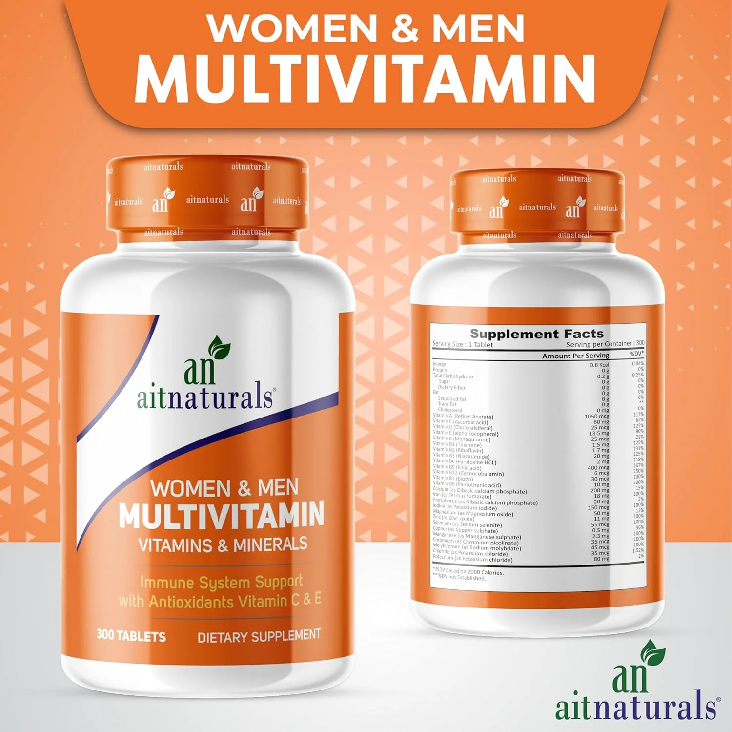 Aitnaturals Women and Men Multivitamin-300 Tablets| Enriched with Vitamin A, C, D, E, K, B12, Folate, Iron, Calcium, Magnesium, Biotin, Zinc, & Iodine | Support Immune System, Energy & Metabolism Aitnaturals Women and Men Multivitamin-300 Tablets| Enriched with Vitamin A, C, D, E, K, B12, Folate, Iron, Calcium, Magnesium, Biotin, Zinc, & Iodine | Support Immune System, Energy & Metabolism
