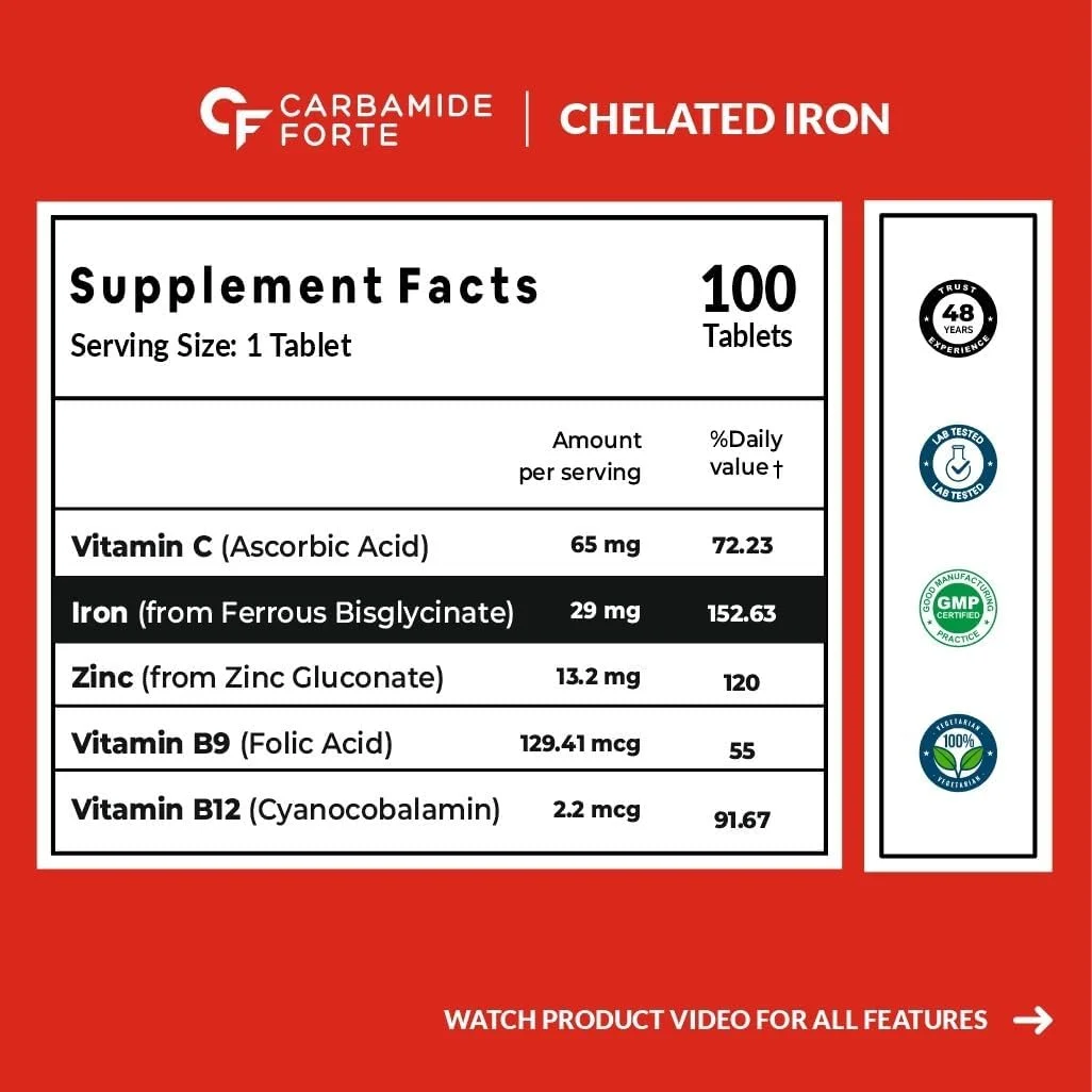 Carbamide Forte Chelated Iron + Vitamin C, B12, Folic Acid & Zinc - 100 Veg Iron Tablets Carbamide Forte Chelated Iron + Vitamin C, B12, Folic Acid & Zinc - 100 Veg Iron Tablets