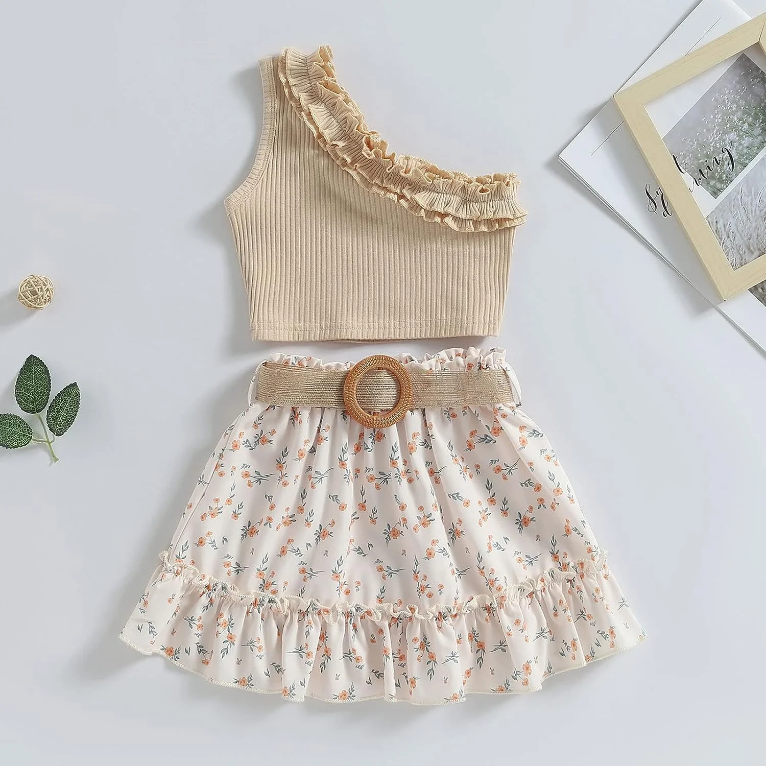 Kids Baby Girls Outfits Floral Ruffle Off Shoulder Crop Tops + Bowknot Denim Shorts Skirt Set Toddler Summer Clothes