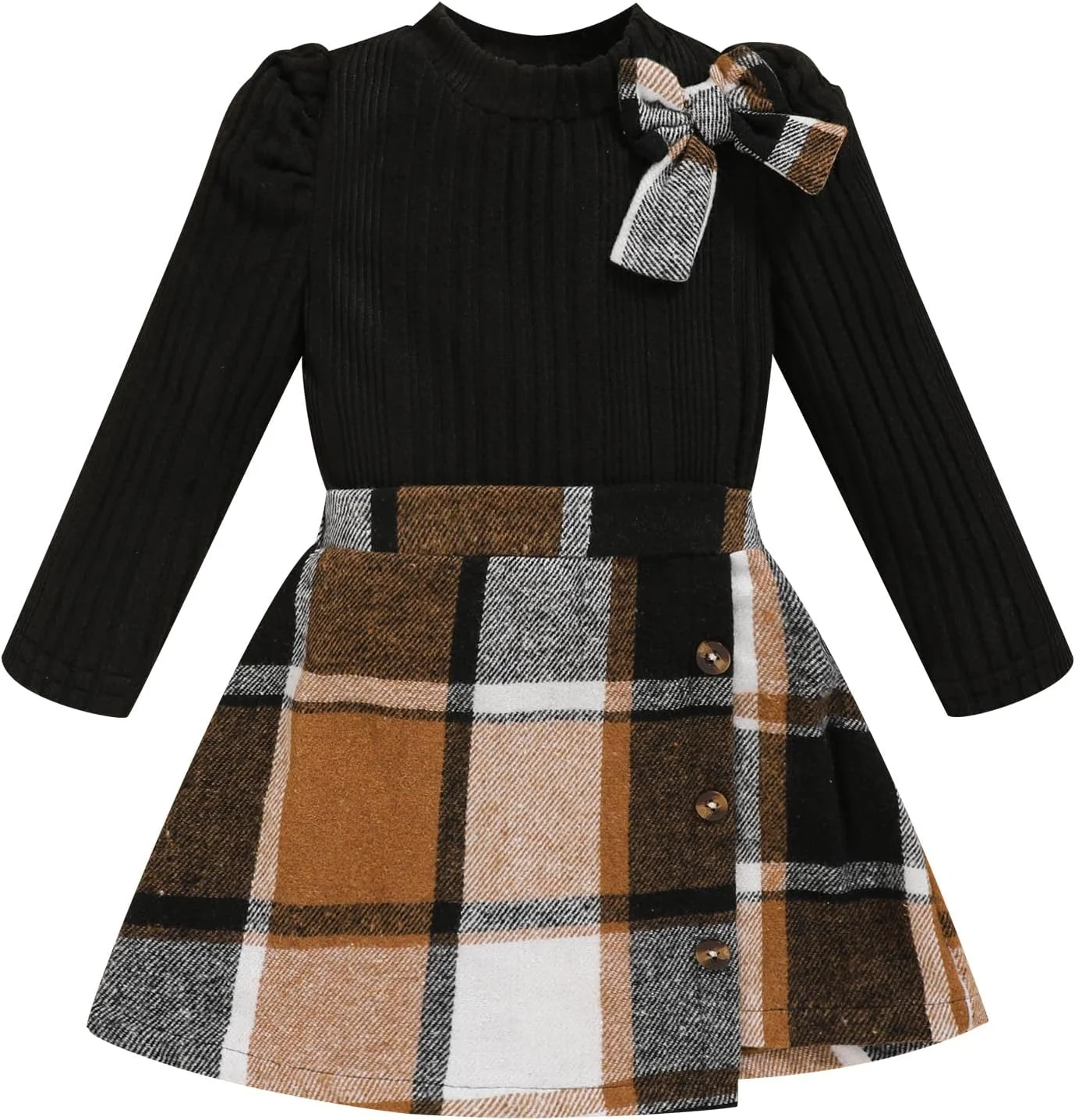 Toddler Girl Plaid Outfits Fall Winter Dress Knit Ribbed Bow Sweatshirt Tops and Button Fashion Skirts Set Toddler Girl Plaid Outfits Fall Winter Dress Knit Ribbed Bow Sweatshirt Tops and Button Fashion Skirts Set