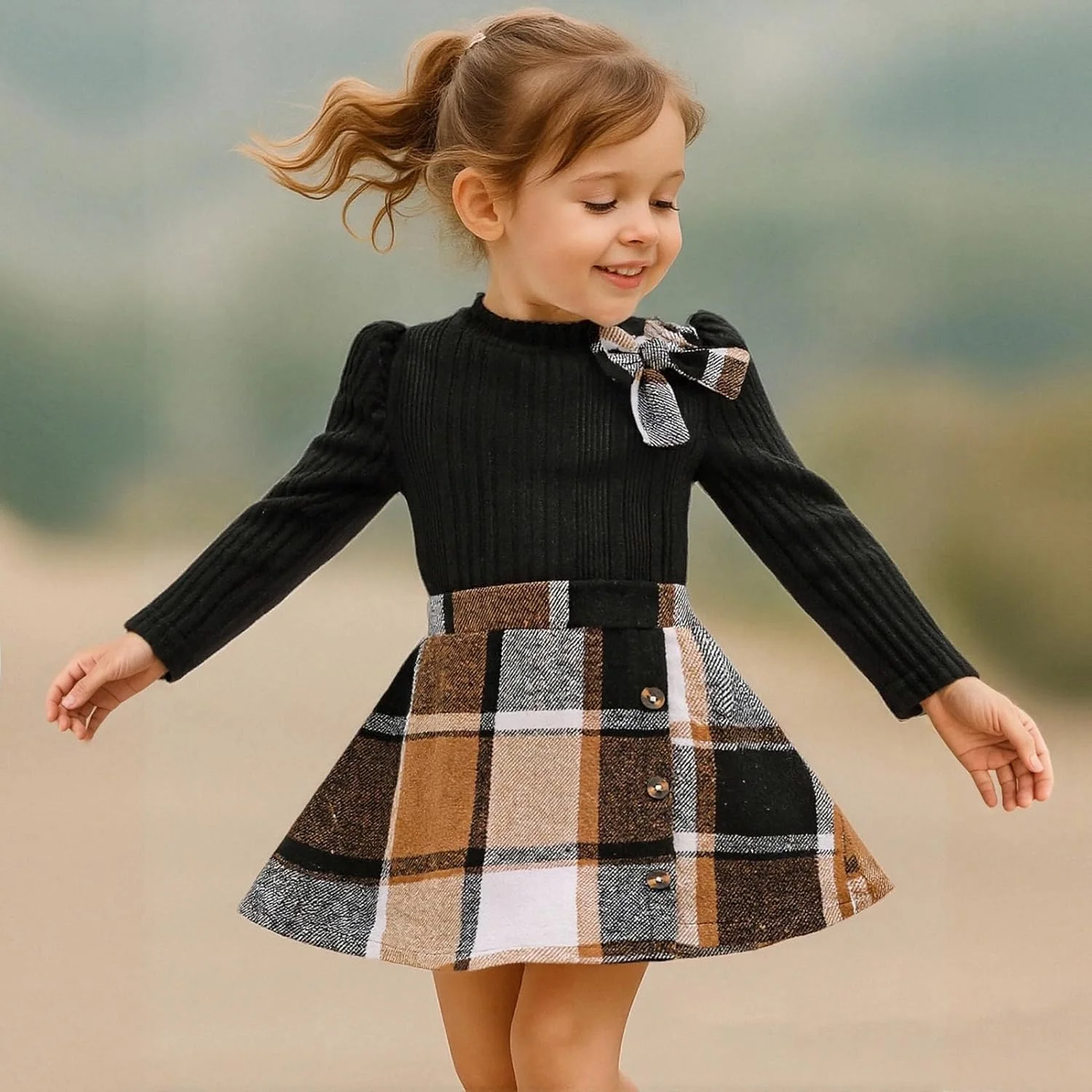 Toddler Girl Plaid Outfits Fall Winter Dress Knit Ribbed Bow Sweatshirt Tops and Button Fashion Skirts Set
