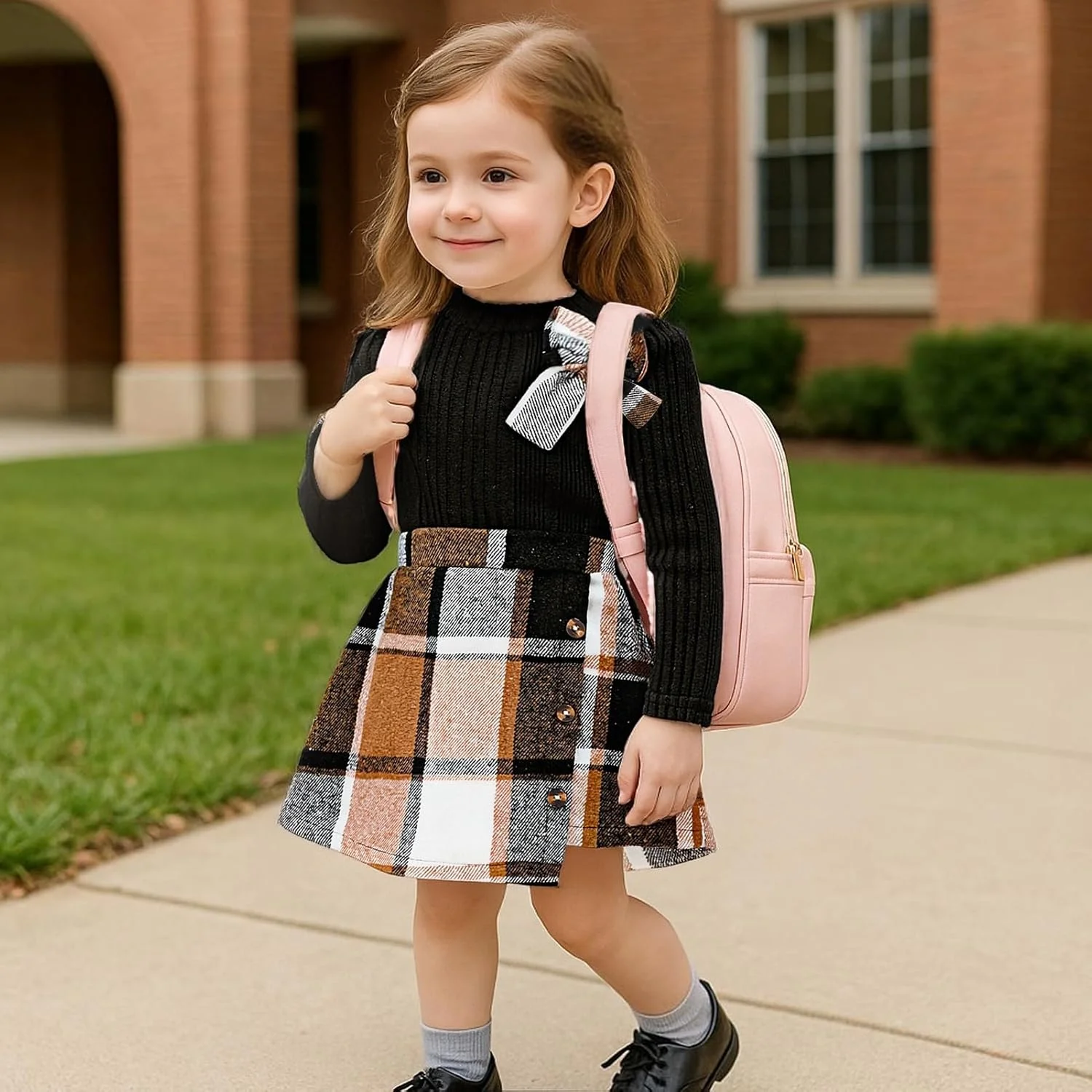 Toddler Girl Plaid Outfits Fall Winter Dress Knit Ribbed Bow Sweatshirt Tops and Button Fashion Skirts Set