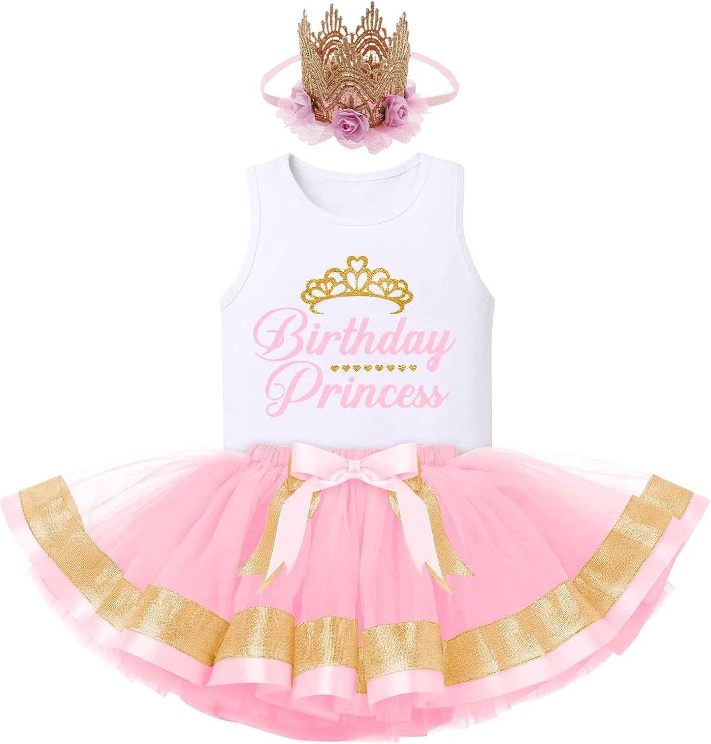 لباس تولد پرنسس دخترانه IBTOM CASTLE، تاپ بدون آستین چاپی + دامن توتو + تاج گل