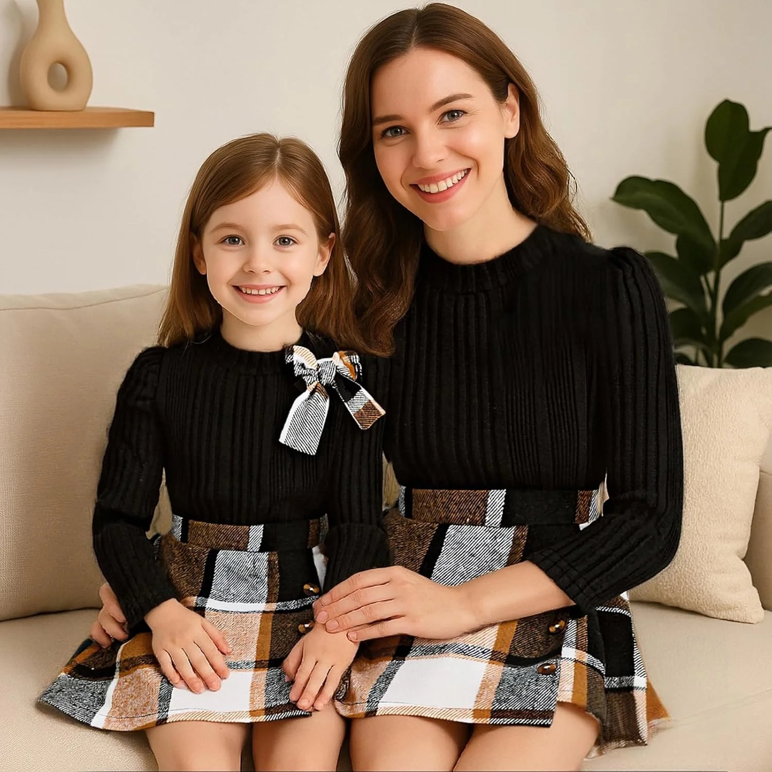 Toddler Girl Plaid Outfits Fall Winter Dress Knit Ribbed Bow Sweatshirt Tops and Button Fashion Skirts Set