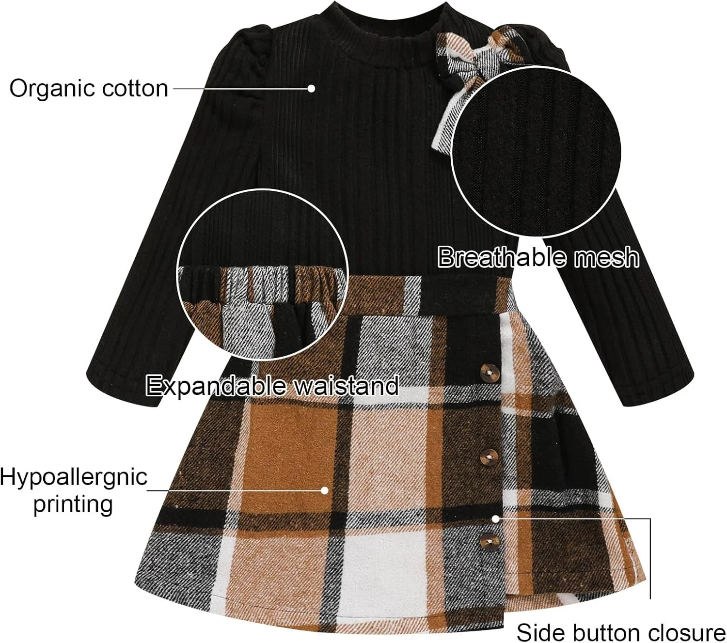 Toddler Girl Plaid Outfits Fall Winter Dress Knit Ribbed Bow Sweatshirt Tops and Button Fashion Skirts Set