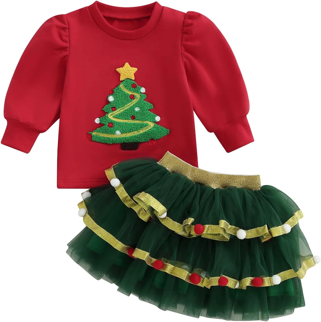 ست لباس دخترانه بچه گانه، بلوز آستین بلند پفی با گلدوزی درخت کریسمس، دامن توری پوم پوم، لباس زمستانی
