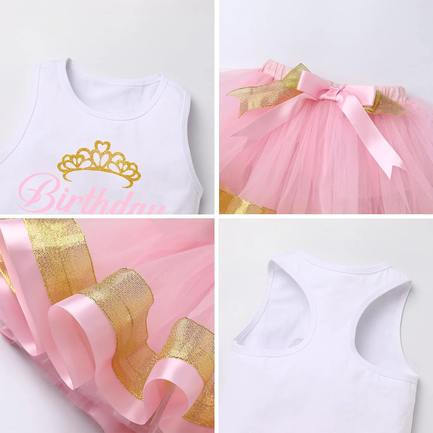 لباس تولد پرنسس دخترانه IBTOM CASTLE، تاپ بدون آستین چاپی + دامن توتو + تاج گل