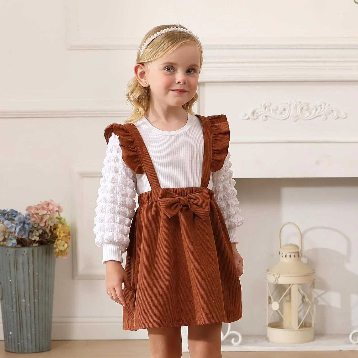 ست لباس دخترانه شامل پیراهن مخملی کبریتی و بلوز آستین بلند مناسب فصل پاییز و زمستان، سایز 12 ماه تا 5 سال