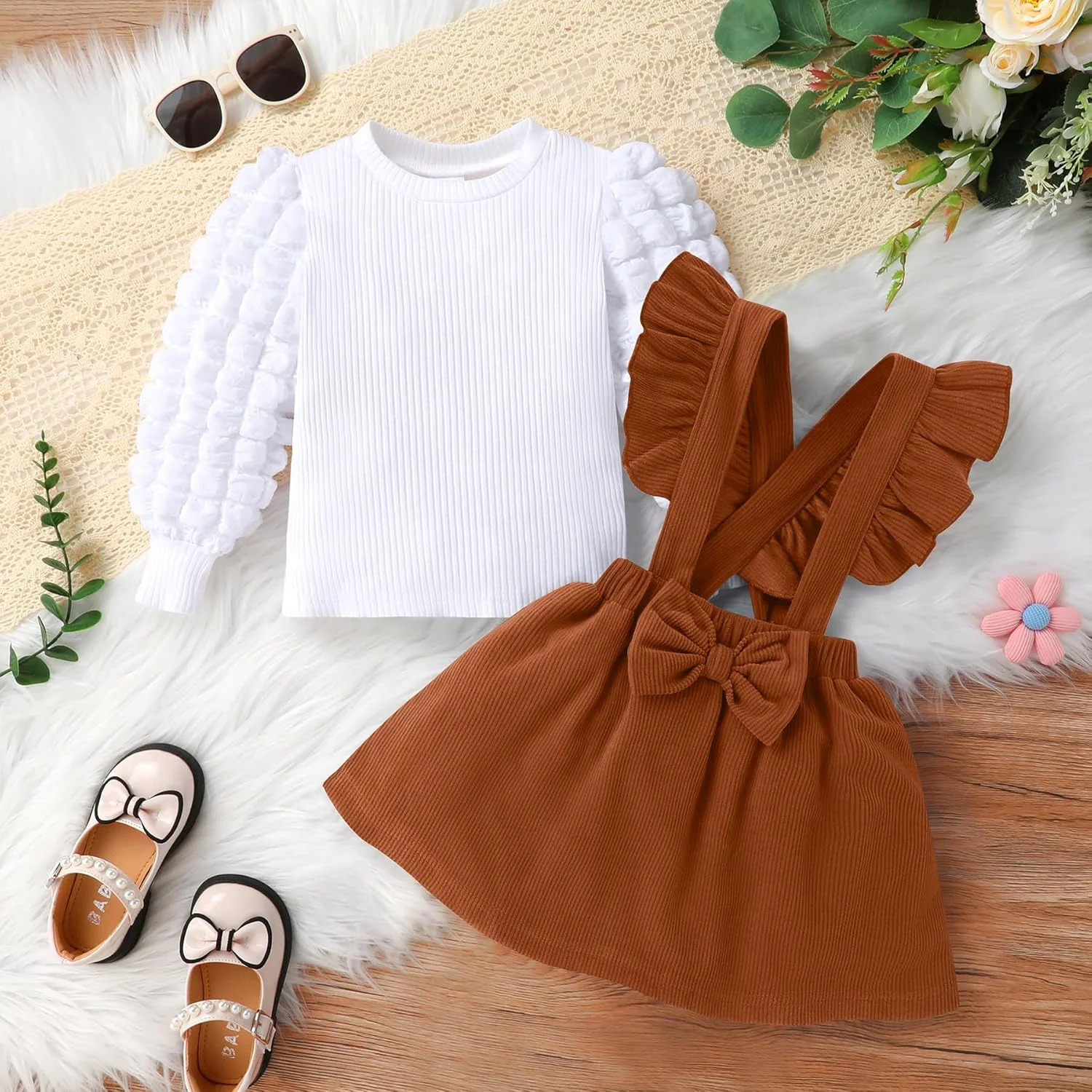 ست لباس دخترانه شامل پیراهن مخملی کبریتی و بلوز آستین بلند مناسب فصل پاییز و زمستان، سایز 12 ماه تا 5 سال