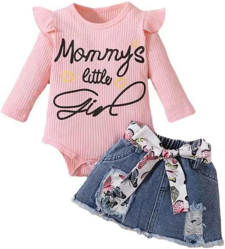 ست لباس سه تکه دخترانه پاییزی | 0-3 ماهگی | صورتی و آبی | پنبه | شامل بادی، دامن و کمربند | نرم و تنفس پذیر | ایده آل برای پاییز | بادوام و راحت | شستشوی آسان